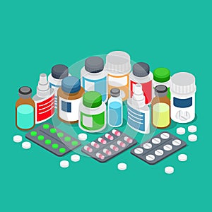 Pharmaceutics pharmacy drug store pills flat 3d isometric vector photo