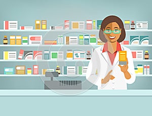 Pharmacist black woman with medicine at counter in pharmacy