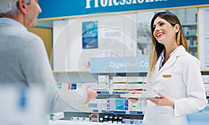 Pharmacist conversation, senior customer and woman helping elderly patient, pharmacy client or person. Healthcare