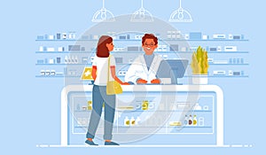 Pharmacist doctor and patient in the drugstore. A client woman buys drugs at a pharmacy photo