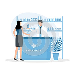 Pharmacist doctor and patient in the drugstore. Woman buys drugs at a pharmacy