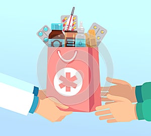 Pharmacist gives bag with antibiotic drugs according to recipe to hands of patient. Pharmacy vector concept