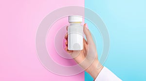 Pharmacist Holding Prescription Bottle with Colorful Background photo
