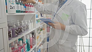 Pharmacist man with beard using tablet in modern pharmacy