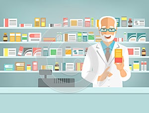 Pharmacist man with medicine at counter in pharmacy