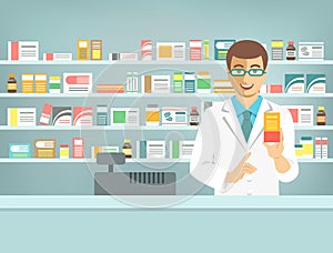 Pharmacist man with medicine at counter in pharmacy