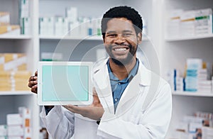 Pharmacist man, tablet and green screen in mockup portrait for medicine, retail healthcare and wellness. African pharma