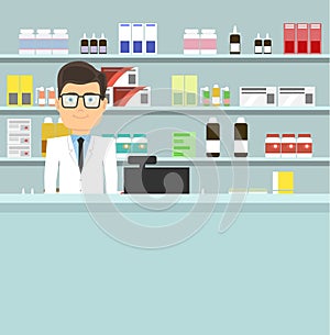 Pharmacist in a pharmacy on the background of the shelves with medicines. The concept of the interior pharmacy. Vector