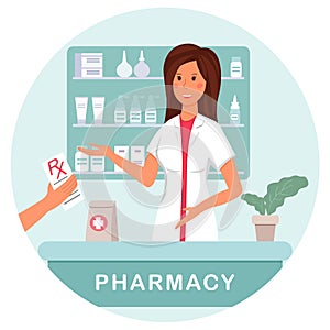 A pharmacist at a pharmacy dispenses a prescription medication to a client