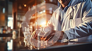 The pharmacist in the pharmacy holds a jar of liquid medicine in his hands