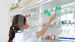 Pharmacist picks up pills on shelf from doctor`s prescription