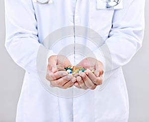 Pharmacist pills, palm or man hands with closeup in pharmaceuticals, drugs or medicine supplement for healthcare