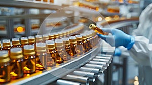 Pharmacist scientist inspecting medical vials on conveyor belt in pharmaceutical factory photo