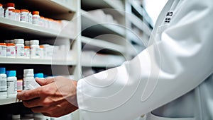 Pharmacist selecting medicine from shelf