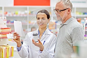 Pharmacist and senior man buying drug at pharmacy