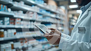 Pharmacist Using Tablet in Drugstore.AI generated image