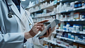 Pharmacist in a white lab coat is using a tablet in a pharmacy with shelves stocked with medications in the background