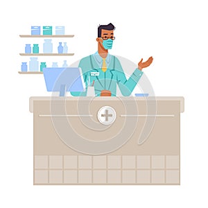 Pharmacist workplace, man with mask by counter