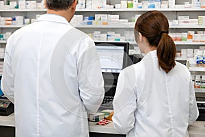 Pharmacists Working Together At Computer In Modern Pharmacy Management Environment