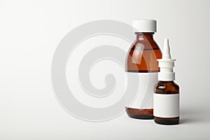 Pharmacological medicines for cold and flu virus. Antibiotics, drops spray in the nose