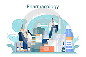 Pharmacologist concept. Pharmacist preparing and selling drugs