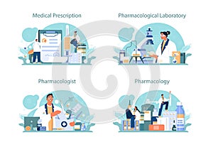 Pharmacologist concept set. Pharmacist preparing and selling drugs