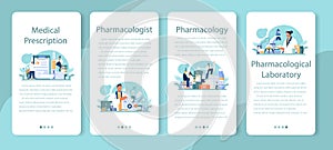 Pharmacologist mobile application banner set. Pharmacist preparing