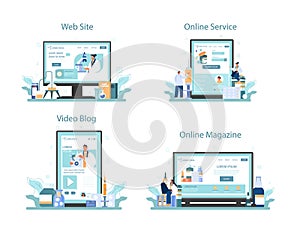 Pharmacologist online service or platform set. Pharmacist preparing