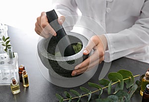 Pharmacologist pounding eucalyptus leaves in mortar on table