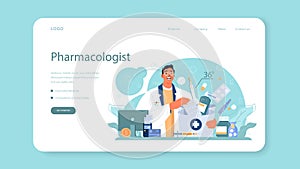 Pharmacologist web banner or landing page. Pharmacist preparing