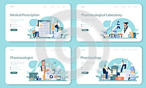 Pharmacologist web banner or landing page set. Pharmacist preparing