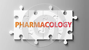Pharmacology complex like a puzzle - pictured as word Pharmacology on a puzzle pieces to show that Pharmacology can be difficult