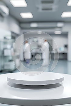 Pharmacology medicine stand mockup, empty podium on table with banner and copy space, showcasing pharmaceutical products