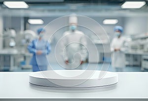 Pharmacology medicine stand mockup, empty podium on table with banner and copy space, showcasing pharmaceutical products