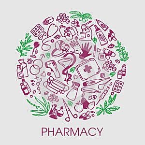 Pharmacy. Background with medical symbols. Vector illustration of medical supplies and pharmacy icons. Outline style. Banner.