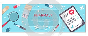 Pharmacy background, pharmacy design, pharmacy templates. Medicine, pharmacy, hospital set of drugs with labels. Medication,