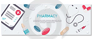 Pharmacy background, pharmacy design, pharmacy templates. Medicine, pharmacy, hospital set of drugs with labels. Medication,