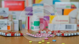 Pharmacy blurred store drugs shelf interior. Concept of pharmacist and chemist, fake drugs