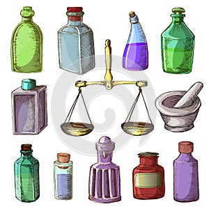 Pharmacy bottles vector vintage medical glass old drug container with chemical liquid medicine and scales illustration