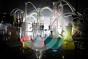 Pharmacy and chemistry theme. Test glass flask with solution in research laboratory. Science and medical background. Laboratory