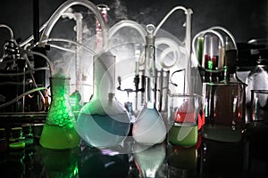 Pharmacy and chemistry theme. Test glass flask with solution in research laboratory. Science and medical background. Laboratory