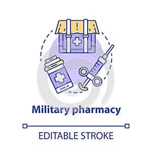 Pharmacy concept icon. Military wound and disease treatment idea thin line illustration. Field medication. Combat zone