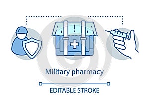 Pharmacy concept icon. Military wound and disease treatment idea thin line illustration. Practical medicine. Combat zone