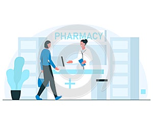 Pharmacy concept illustration. Smiling female pharmacist greeting visitor in a modern pharmacy interior. Vector illustration of