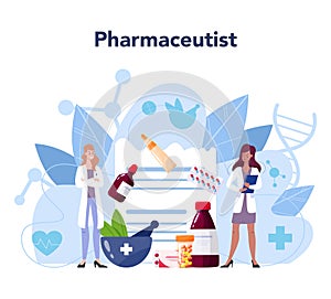 Pharmacy concept. Pharmacist holding a bag with pharmacy