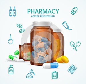 Pharmacy Concept with Pills Capsules in Medical Glass Bottle. Vector