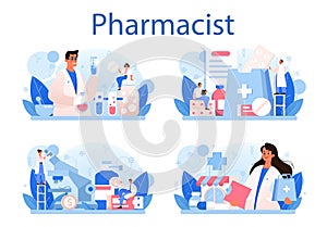 Pharmacy concept set. Pharmacist preparing and selling drugs
