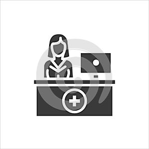 Pharmacy counter with pharmacist glyph black icon. Nursing service concept. Hospital sign. Pictogram for web, mobile app, promo.