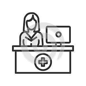 Pharmacy counter with pharmacist line black icon. Nursing service concept. Hospital sign. Pictogram for web, mobile app
