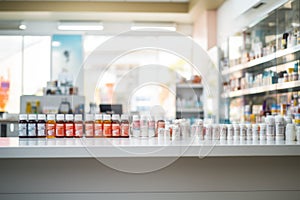 Pharmacy counter, well stocked with medicines, serving healthcare needs efficiently